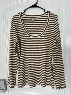 Madewell Brown/Tan and White Ribbed Scoop Neck Long Sleeve Tee. Size XL
   BNWOT
